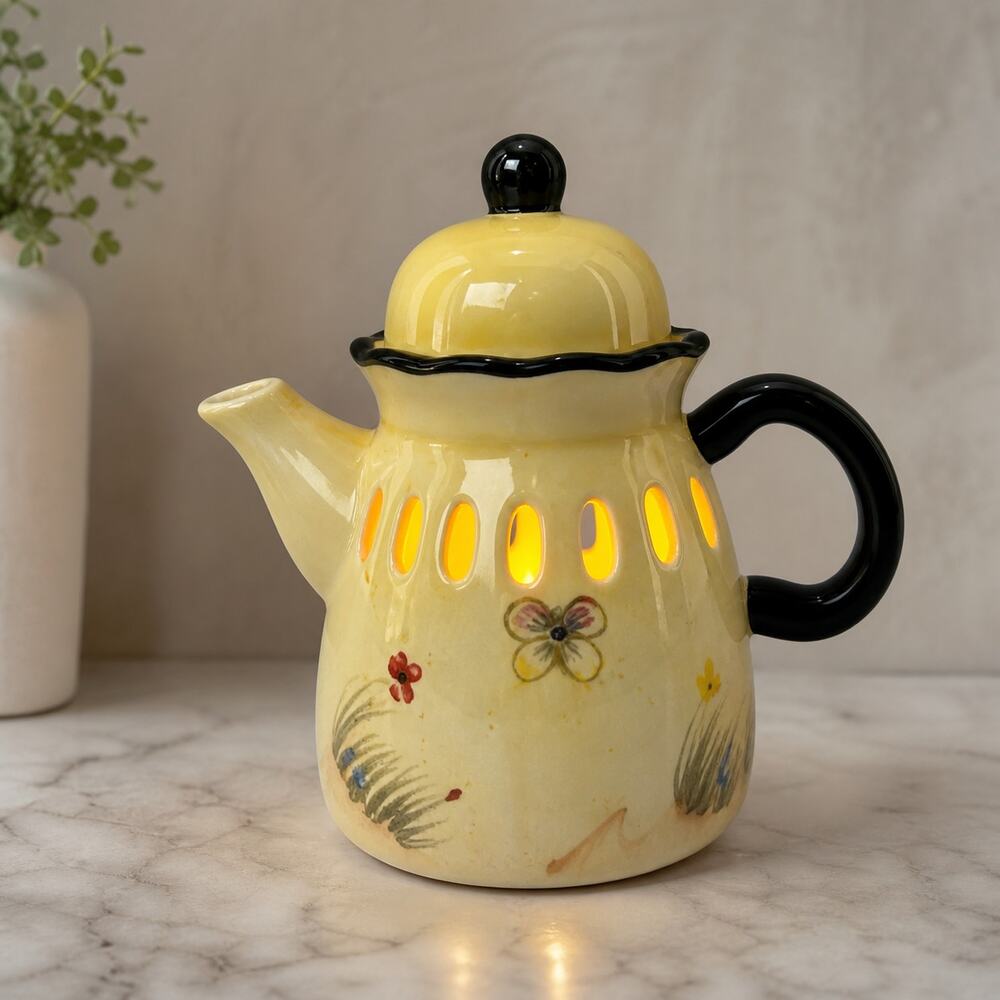 Vintage 90s Yellow Ceramic Teapot Candle Warmer Cover Floral Cutouts